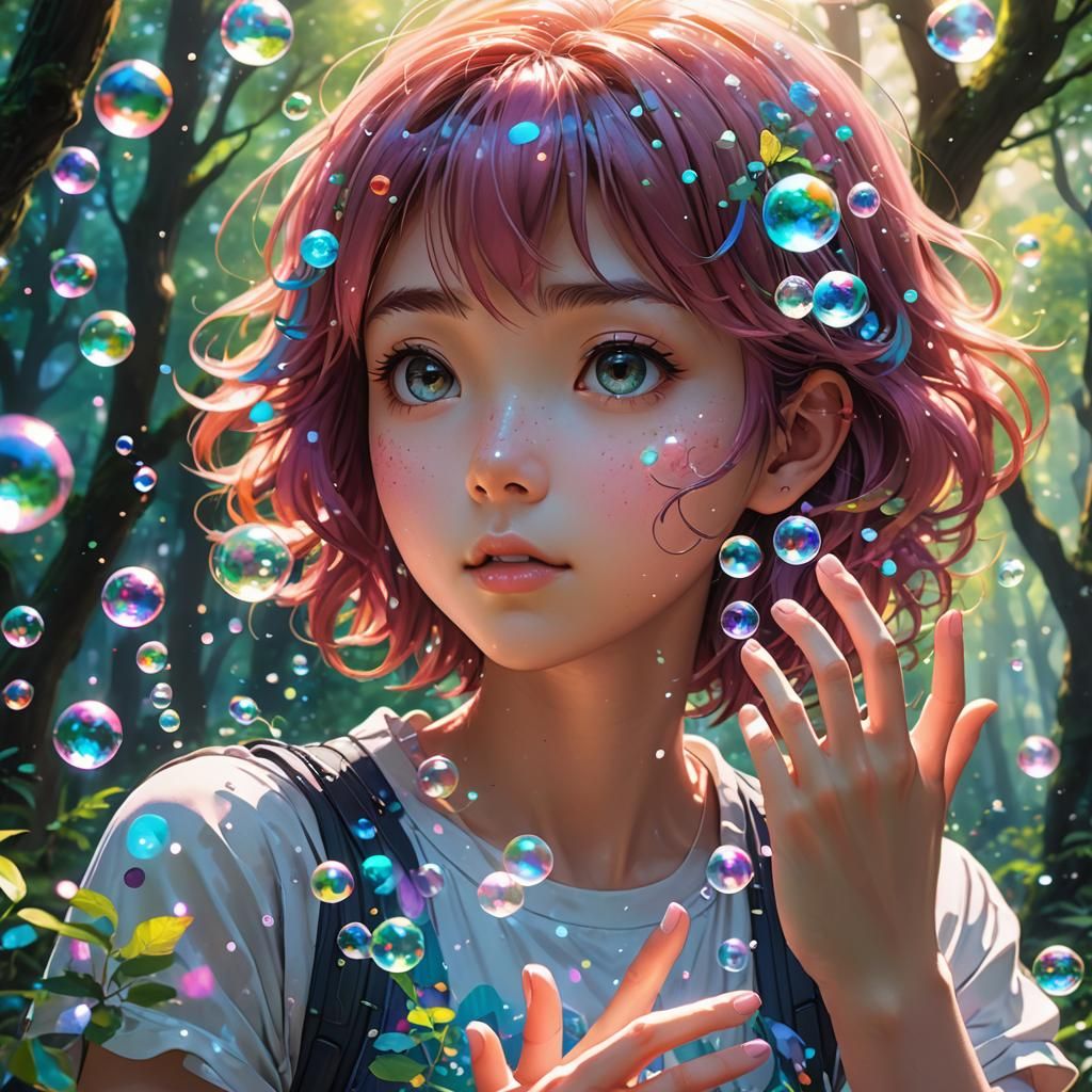 Colorful Anime Girl Creates Bubble Explosion
