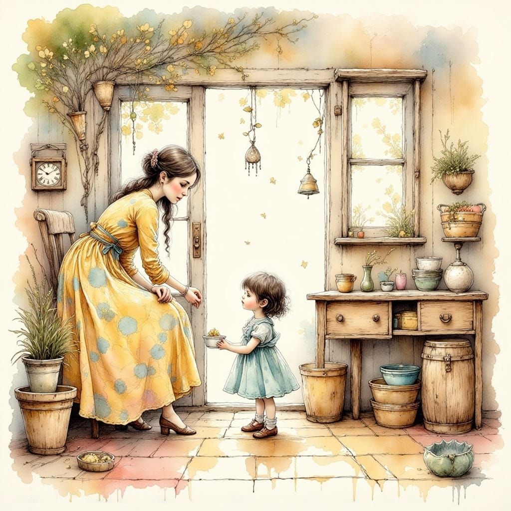 Girls on Bench: Ink Drawing with Intricate Details