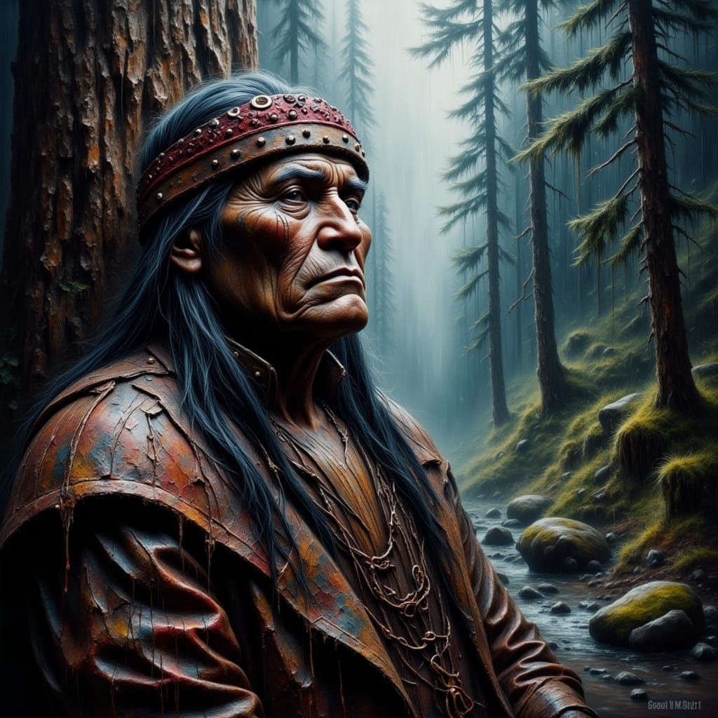 Mysterious Chief Seattle in Rainy Forest Landscape