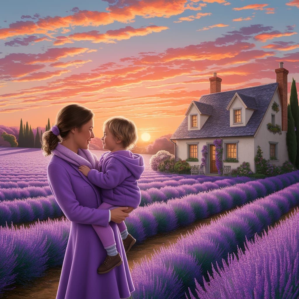 Mother and Child in Lavender Sunset, in Whimsical Style