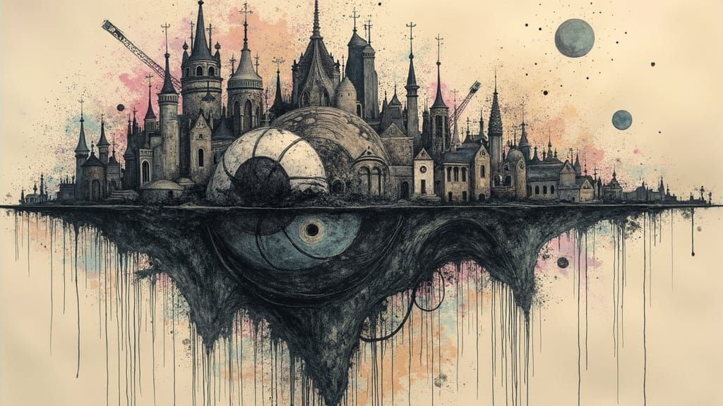 Surreal Mixed Media Centered Displacement in Ink