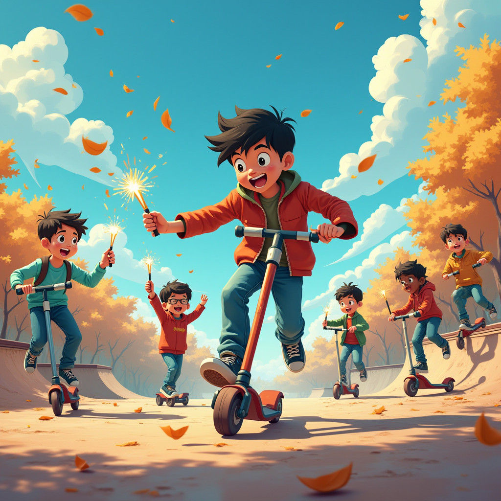 Cartoon Kids on Scooters in Skate Park