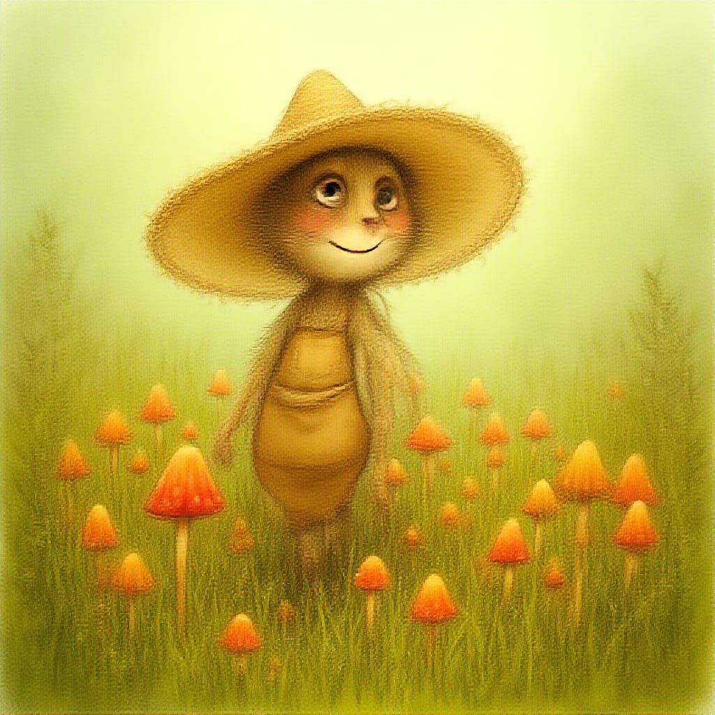 Whimsical Mushroom Farmer Tending to a Vibrant Field