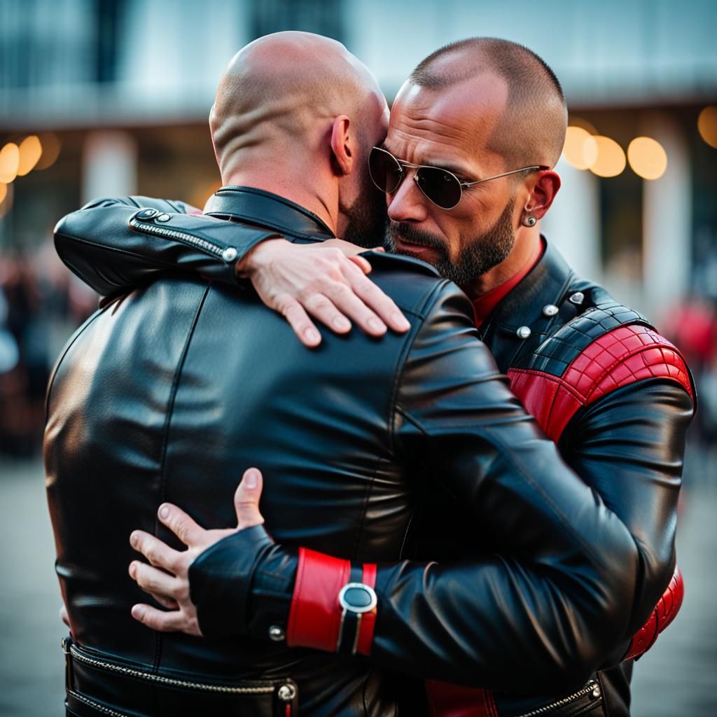 Gay Bikers Hugging in Leather Suits