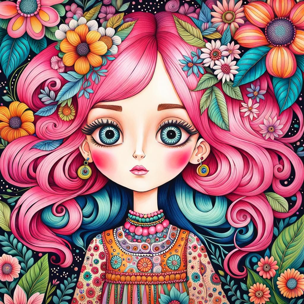 Big-Eyed Girl with Flowers in Naive Art Style