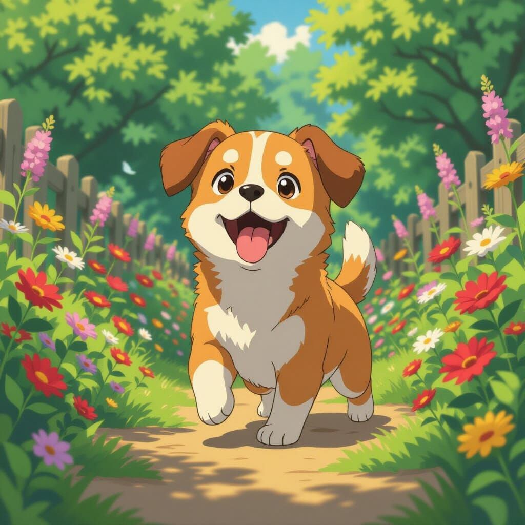 Yellow Dog with White Eye Spots Playing in Garden