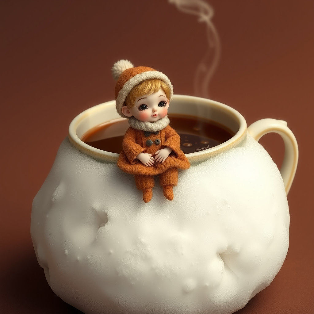 Miniature Person on Marshmallow in Hot Chocolate