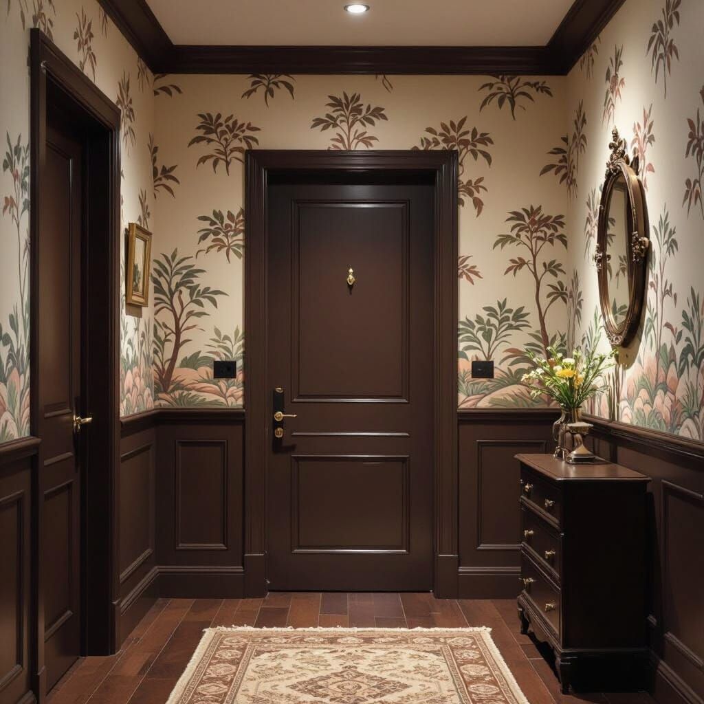 Dark Hallway with Nature Motif Wallpaper and Intriguing Deta...