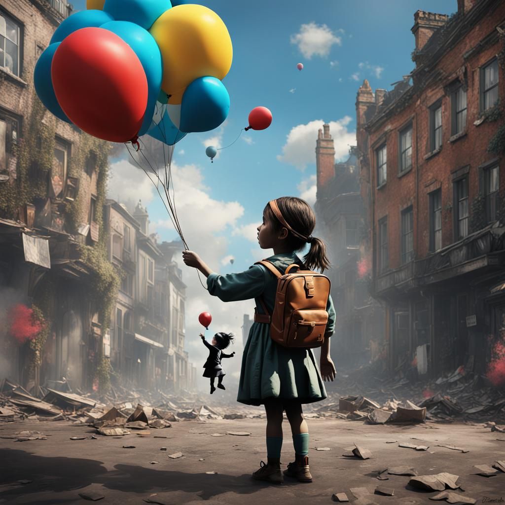 Banksy Style Girl with Popping Balloon, Detailed Art