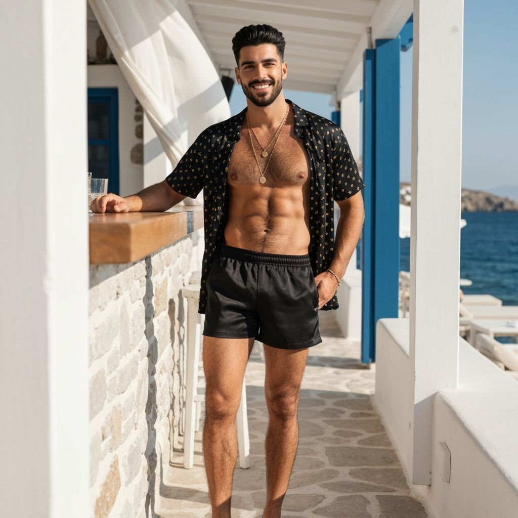 Handsome Mediterranean Man at Luxury Greek Seaside Bar