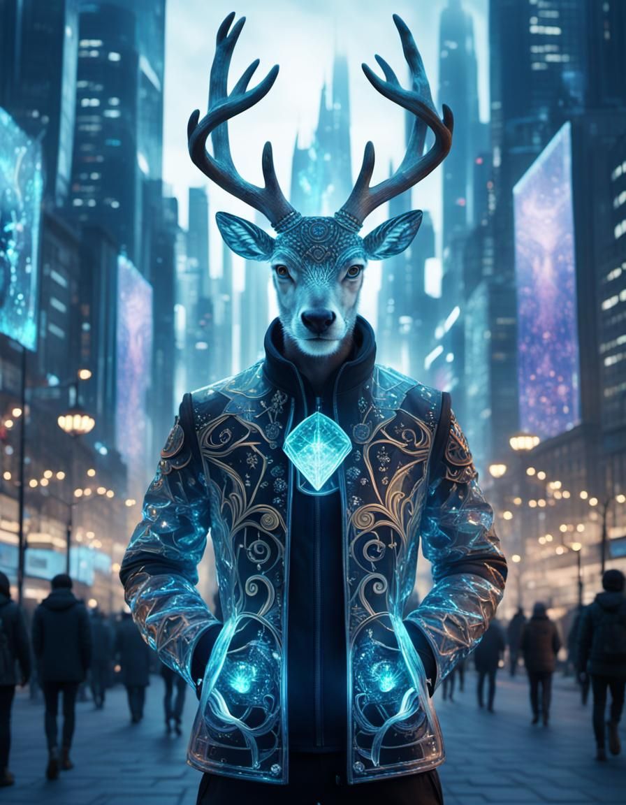Luminous Antlered Man Roaming Futuristic City