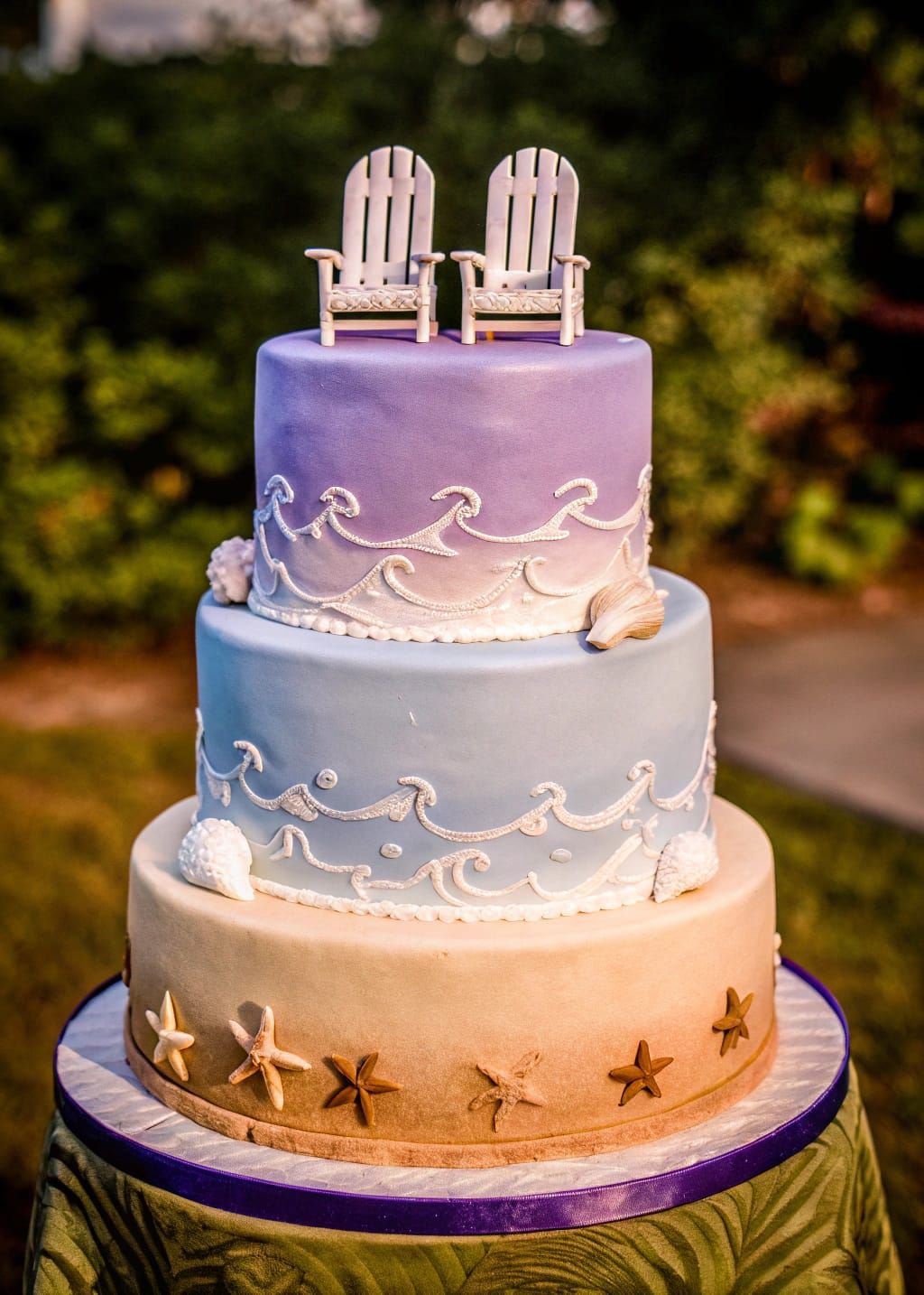 Nautical Wedding Cake with Gradient Blues and Sandy Whites
