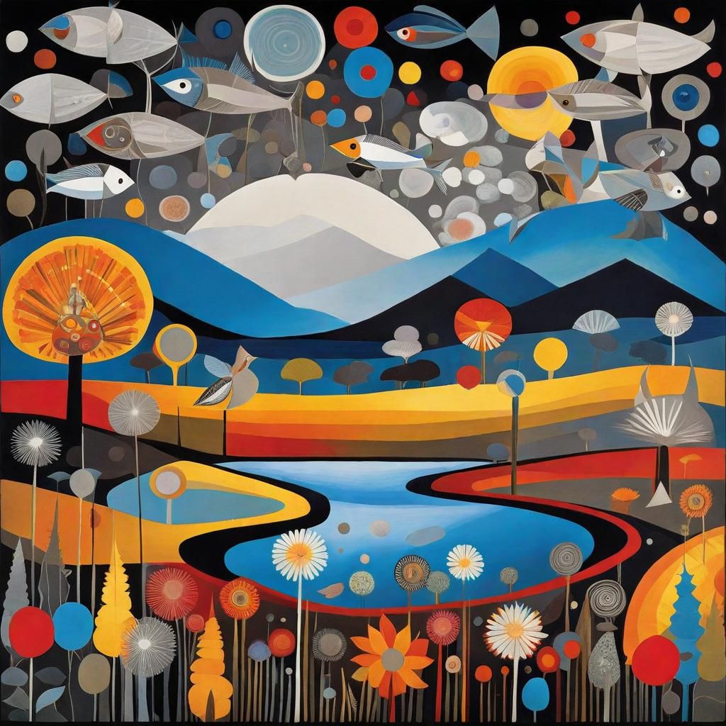 Surreal Dandelion Dreamscape with Flying Fish and Foxes