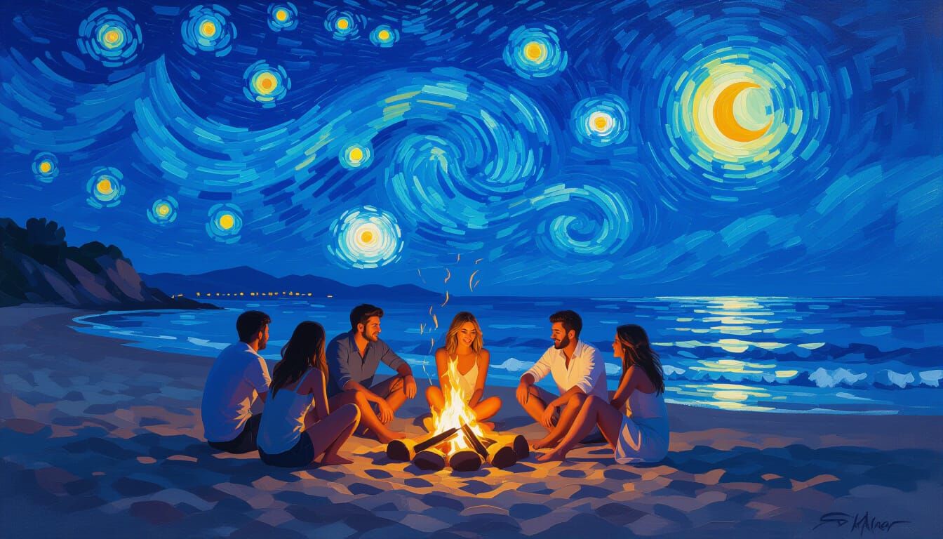 Summer Bonfire Under Starry Impressionist Sky