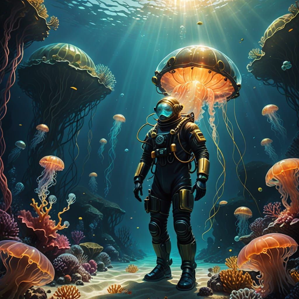 Serene Diver in Surreal Underwater Landscape