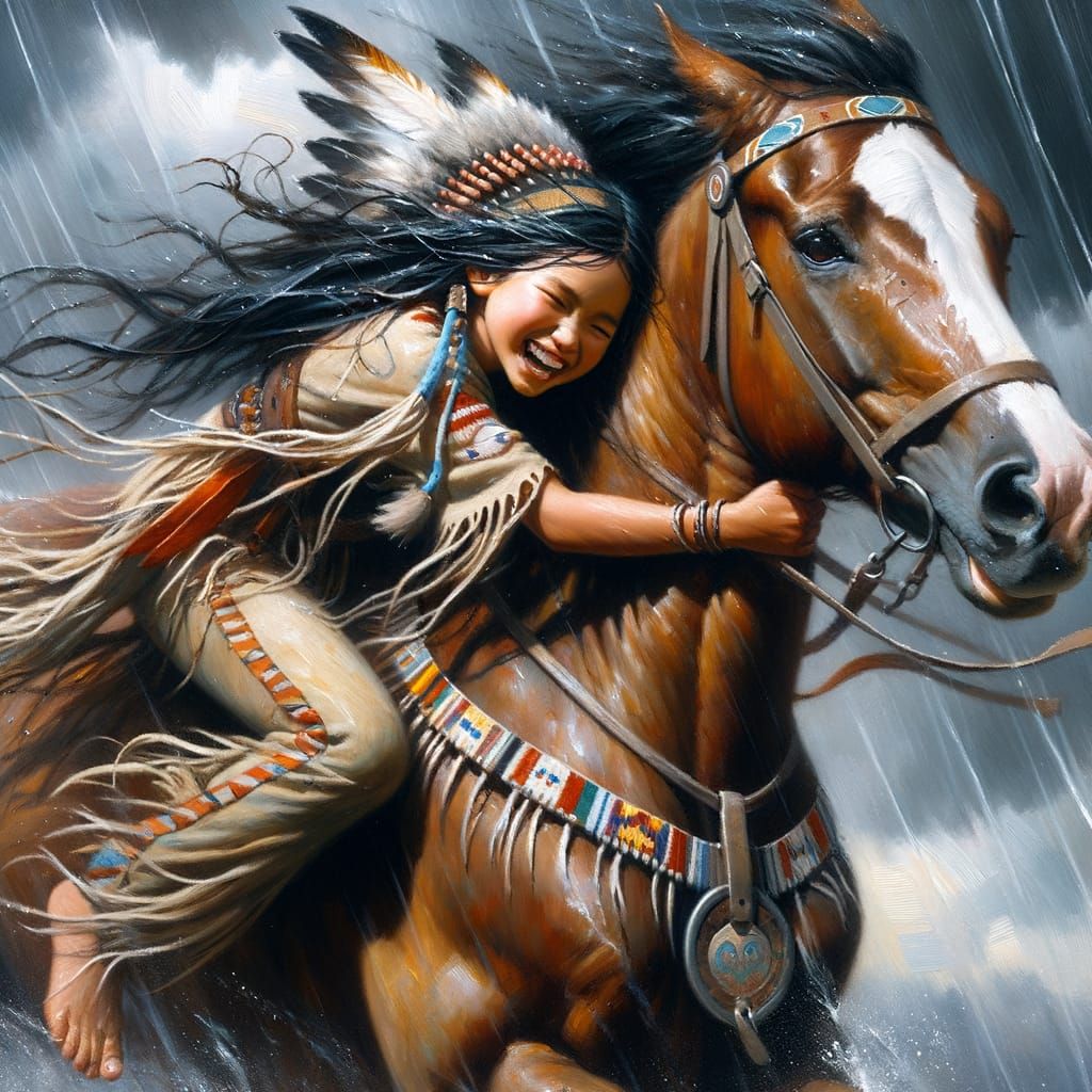 Sioux Girl and Horse in Storm, Oil Painting
