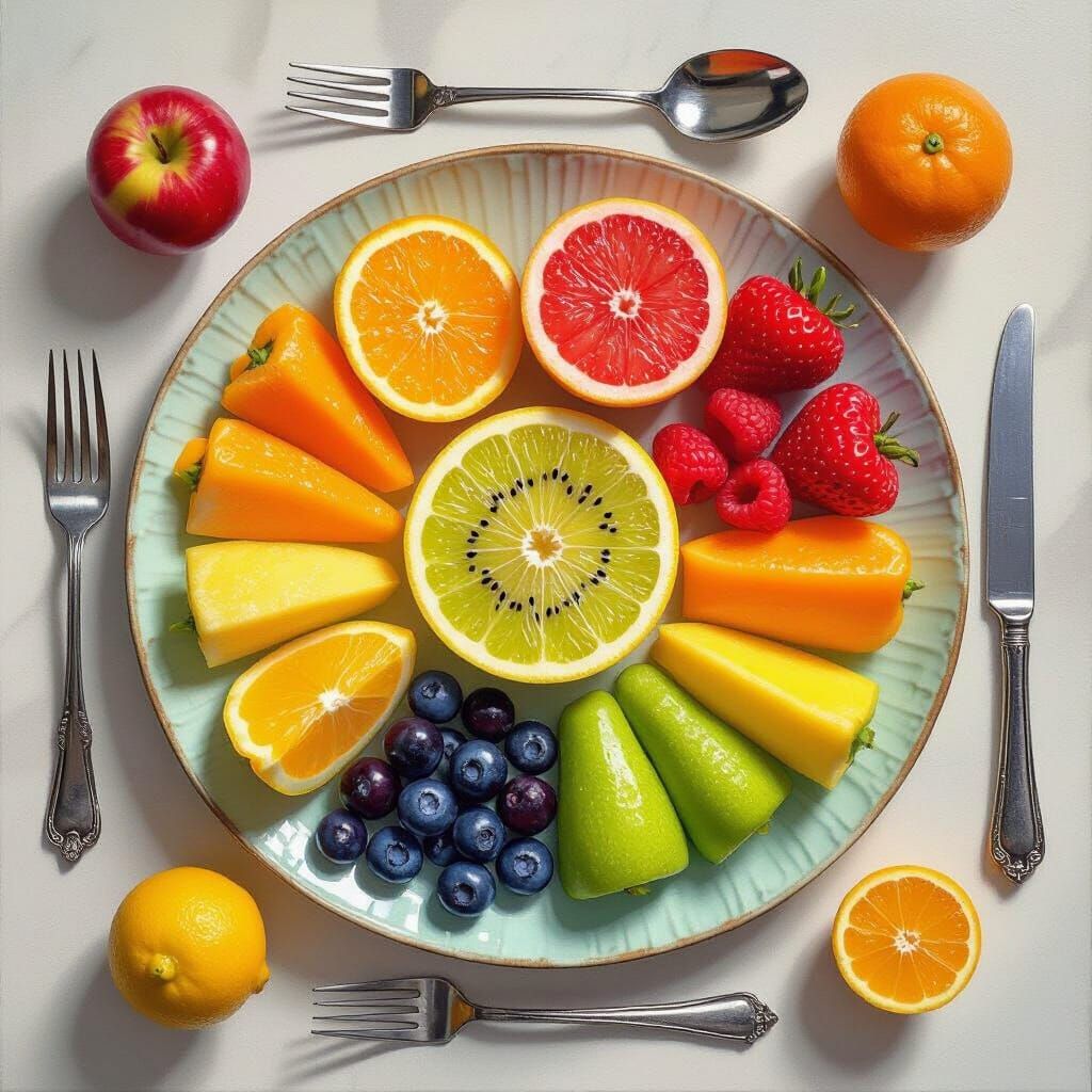 Vibrant Fruit Rainbow Still Life on Ceramic Plate