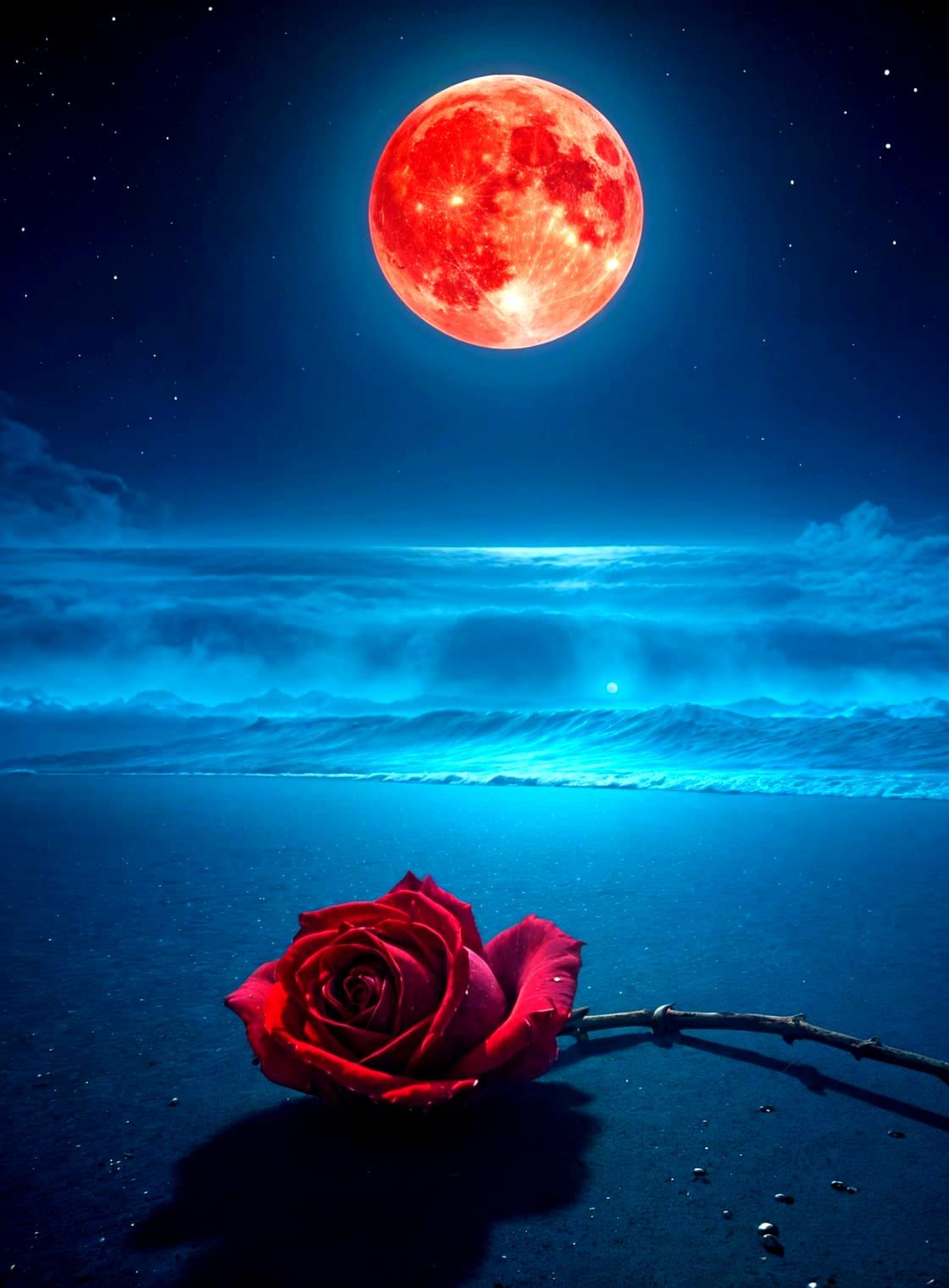 Surreal Red Moon Rises Over Tranquil Beach Scene