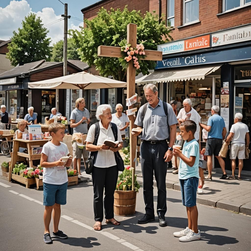 Street Preaching Scene with Family and Cross