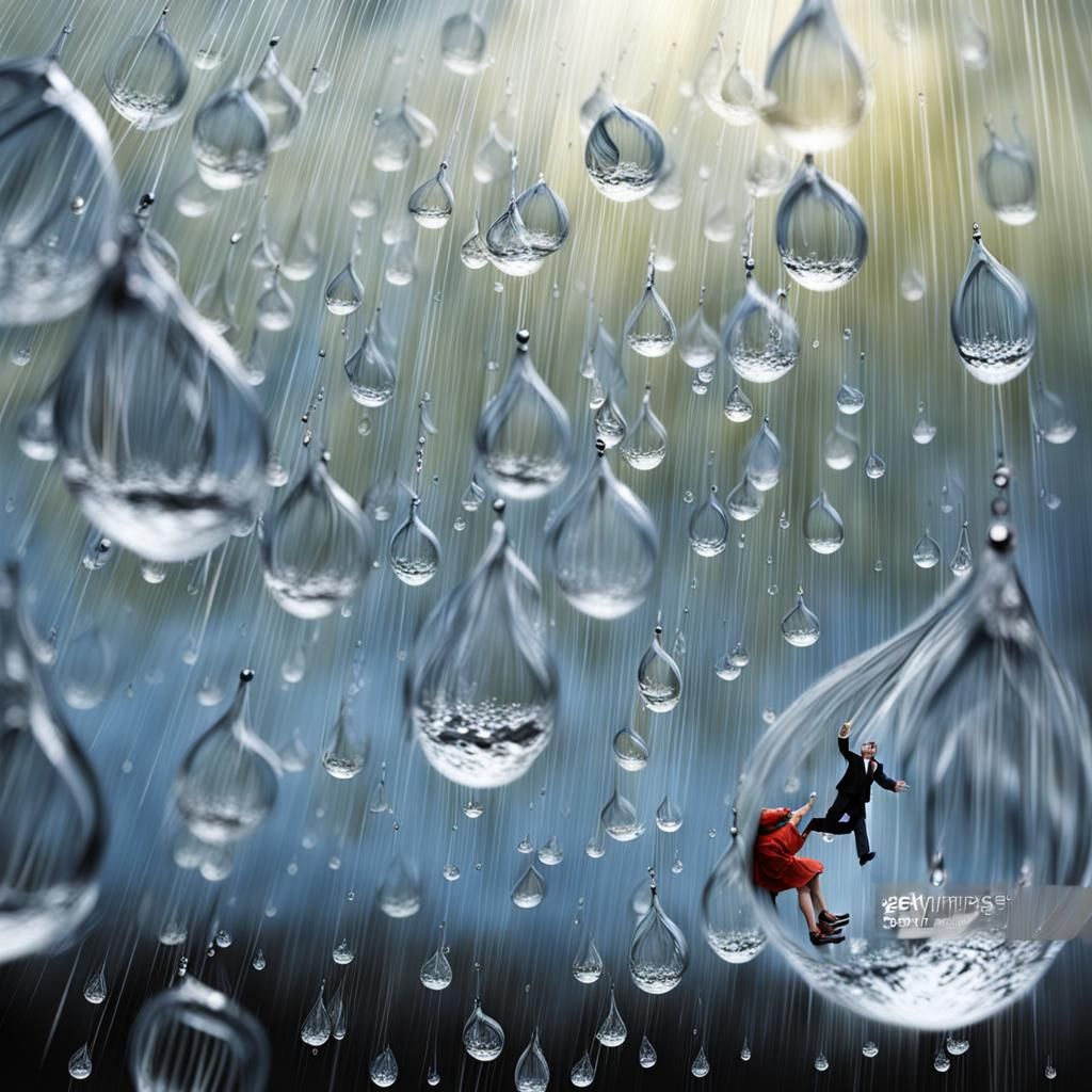Falling Person Trapped in Raindrops: Photorealistic Image