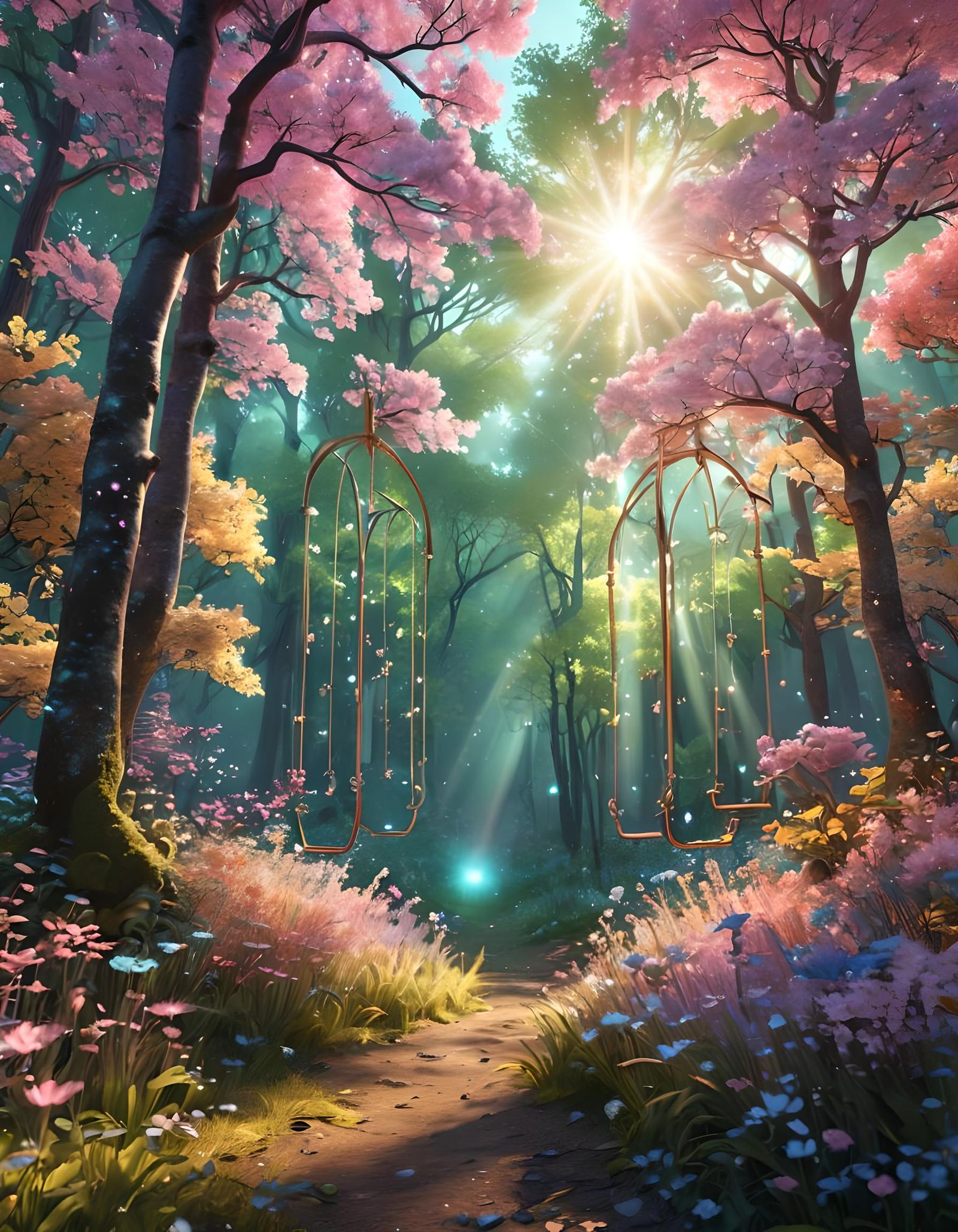 Blooming Forest Swing in Holographic Pastel Colors