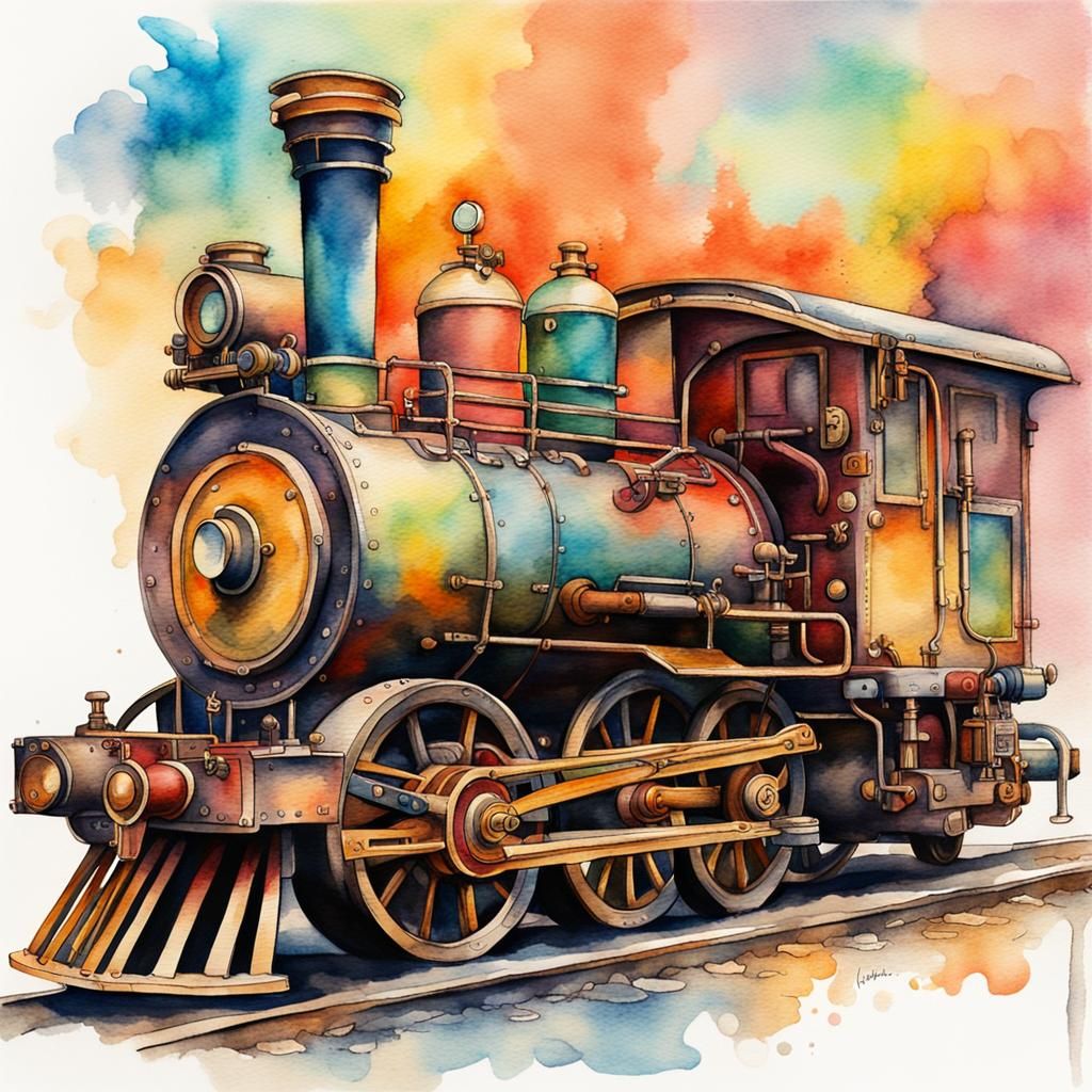 Steampunk Engine in Impressionist Watercolor Style