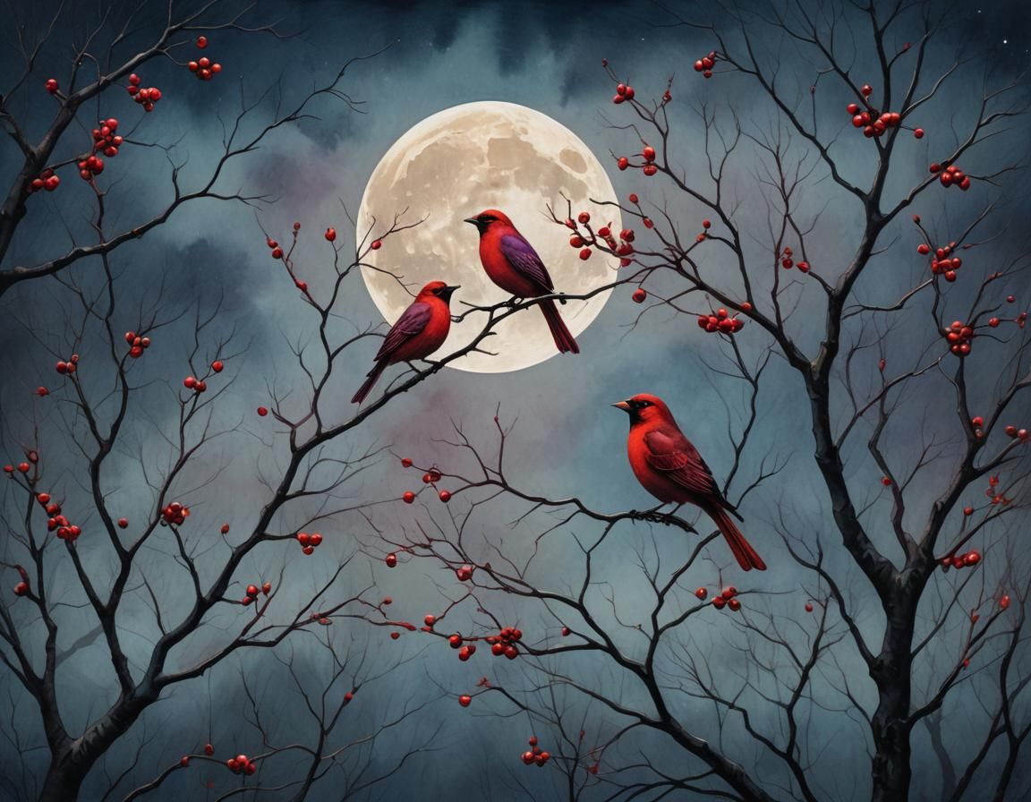 Red Birds in Dark Fantasy Oil Painting