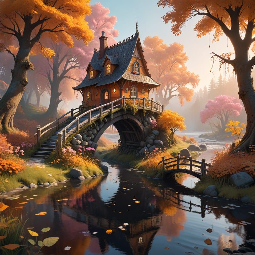 Autumn Wonderland with Whimsical Bridge and Fairy-Tale House
