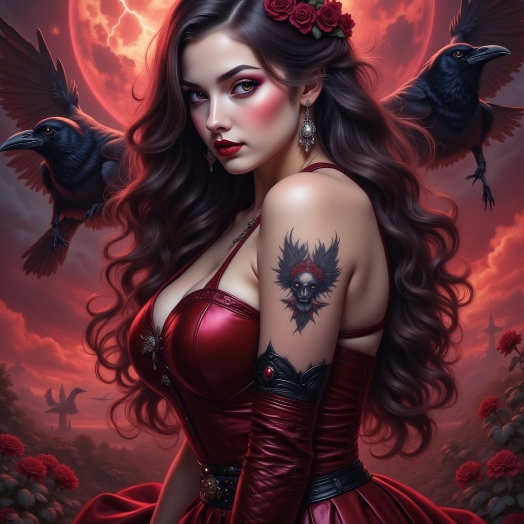 Viking Woman in Apocalyptic Landscape with Crows