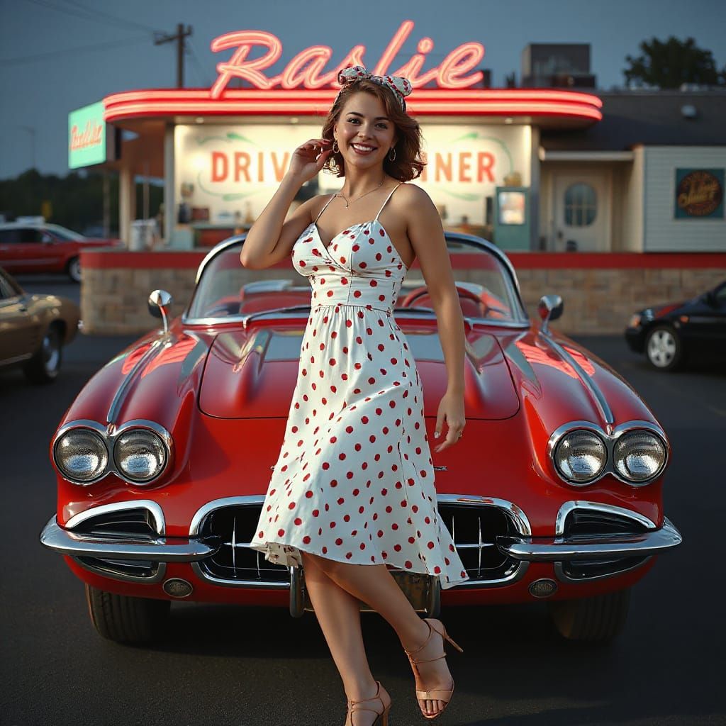 Rockabilly Woman Posing with 1959 Corvette Stingray