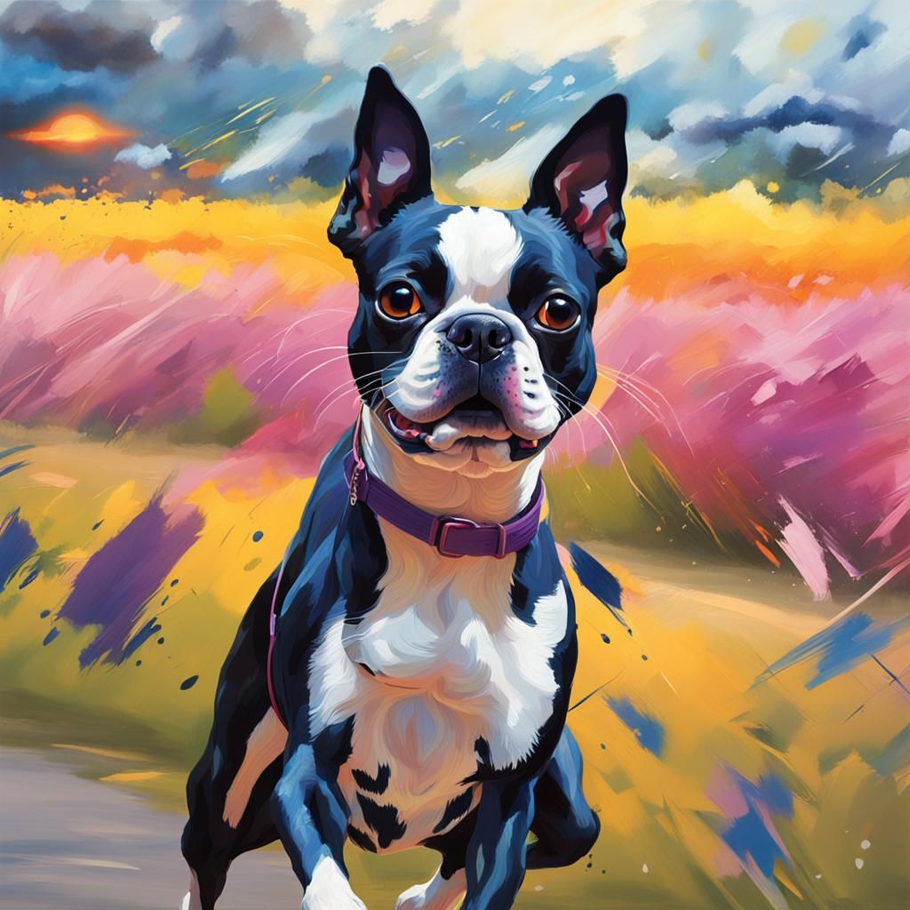 Hyperrealistic Boston Terrier Running in Street: Splash Art