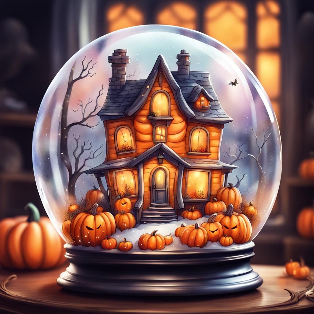 Halloween Snowglobe with Pumpkin Cottage, Fantasycore Art