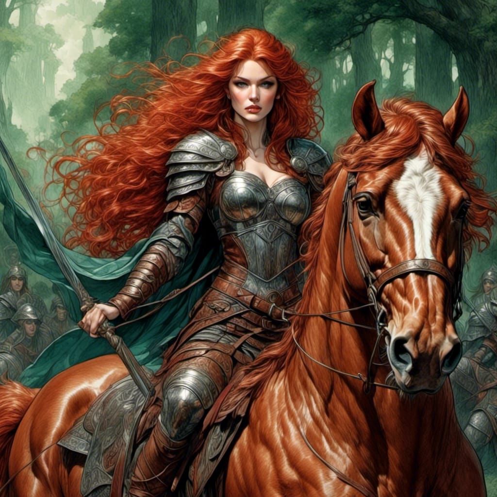 Redhead Warrioress and Sorceress in Comic Style