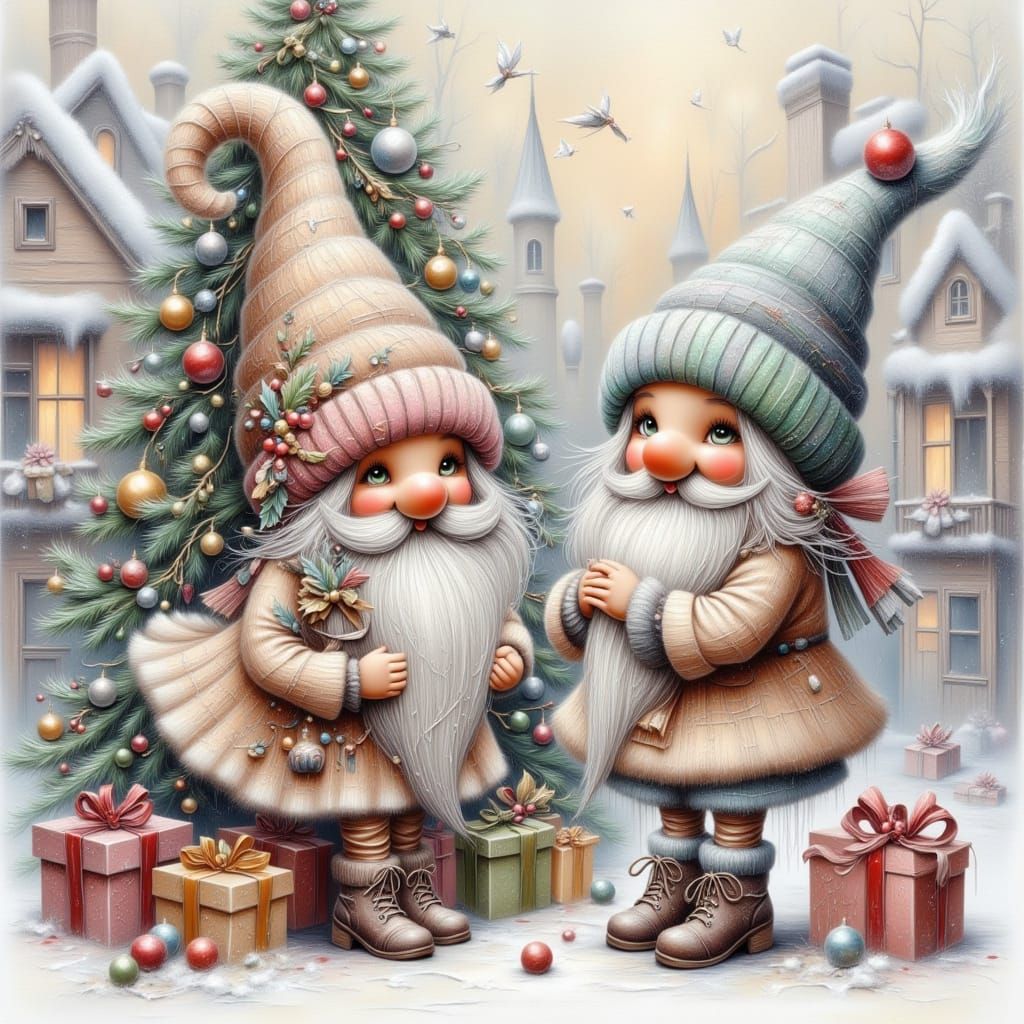 Festive Gnomes Decorating Christmas Tree in Whimsical Style