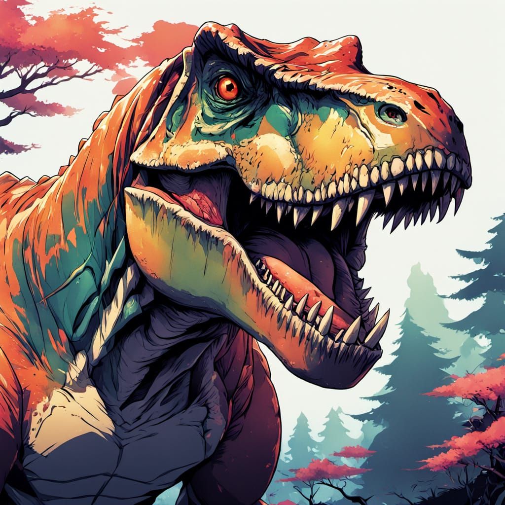 Vibrant T-Rex Portrait in Whimsical Watercolor Style