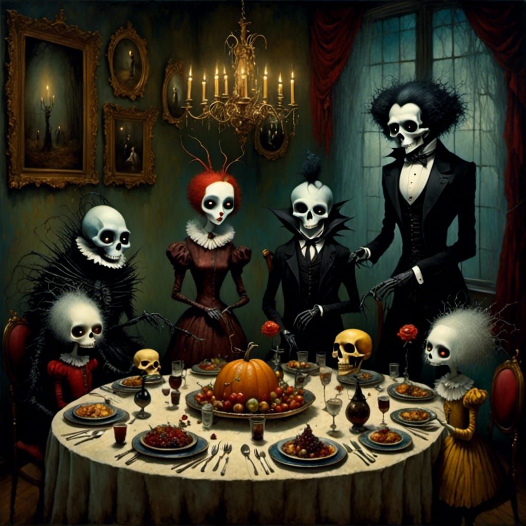 Surreal Family Dinner in Dark Quirky Style