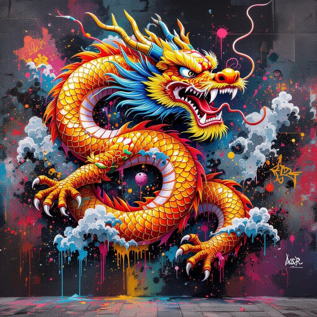 Chinese Dragon Gaming Mural in Graffiti Style