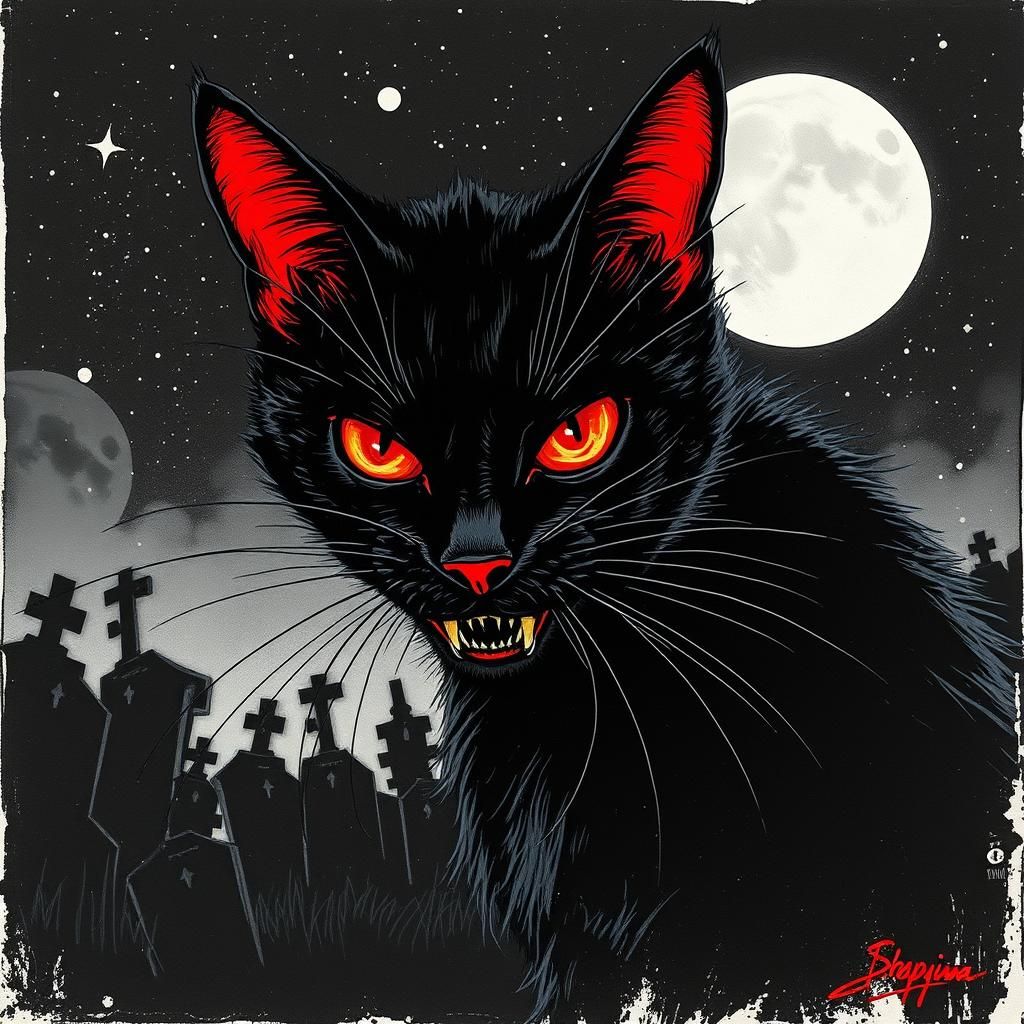 Scary Black Cat Portrait in Misty Graveyard