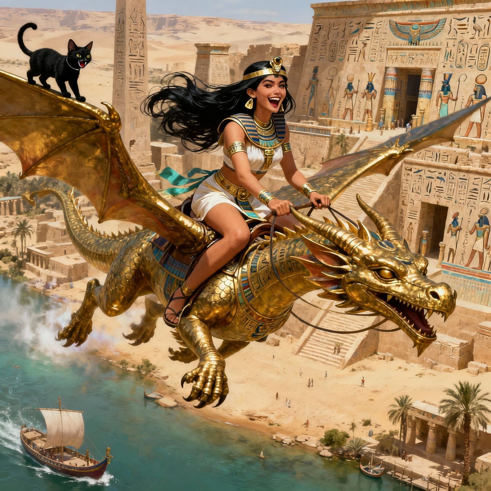 Ancient Egyptian Woman Rides Brass Dragon Over Desert Ruins
