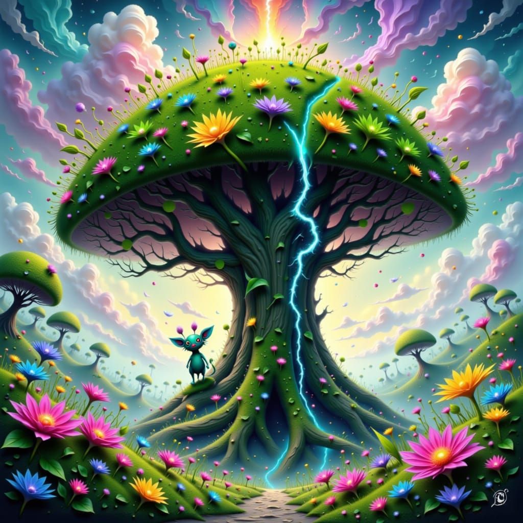 Moss Critter and Lightning Tree, Fantastical Art