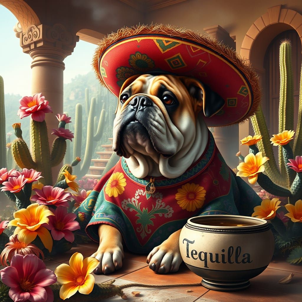 Bulldog in Sombrero Lounging in Mexican Hacienda