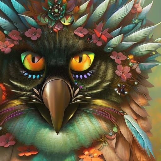 Fluffy Parrot-Cat with Flowers, Hyperdetailed Fantasy Art