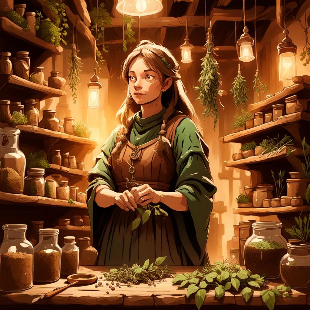 Medieval Healer Prepares Herbs in Cozy Workshop