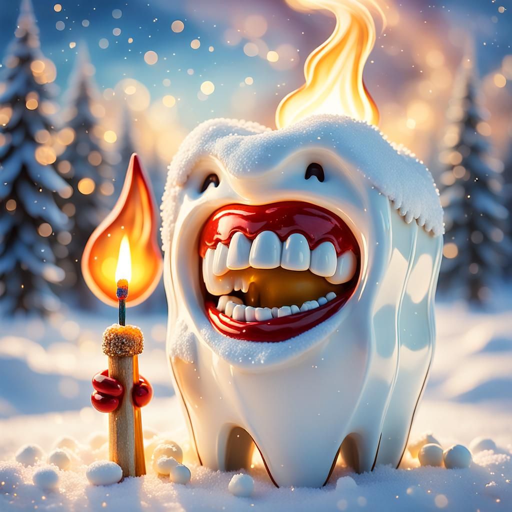 Tooth Figurine with Match in Christmas Oil Painting