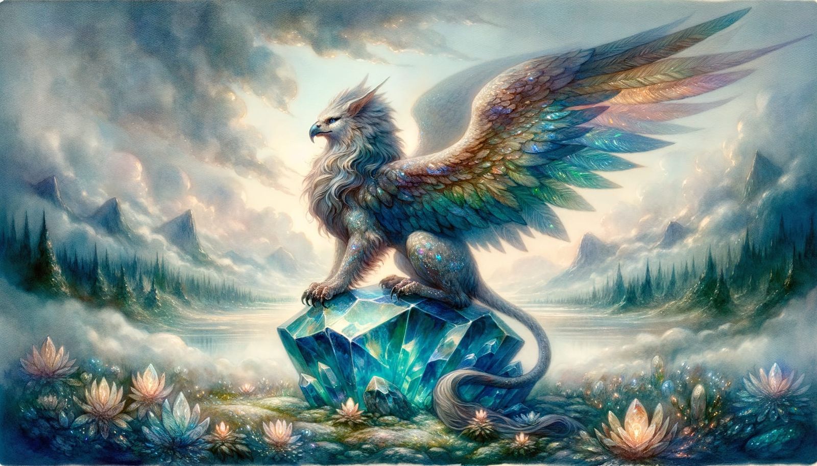 Majestic Griffin on Gemstone in Ethereal Valley