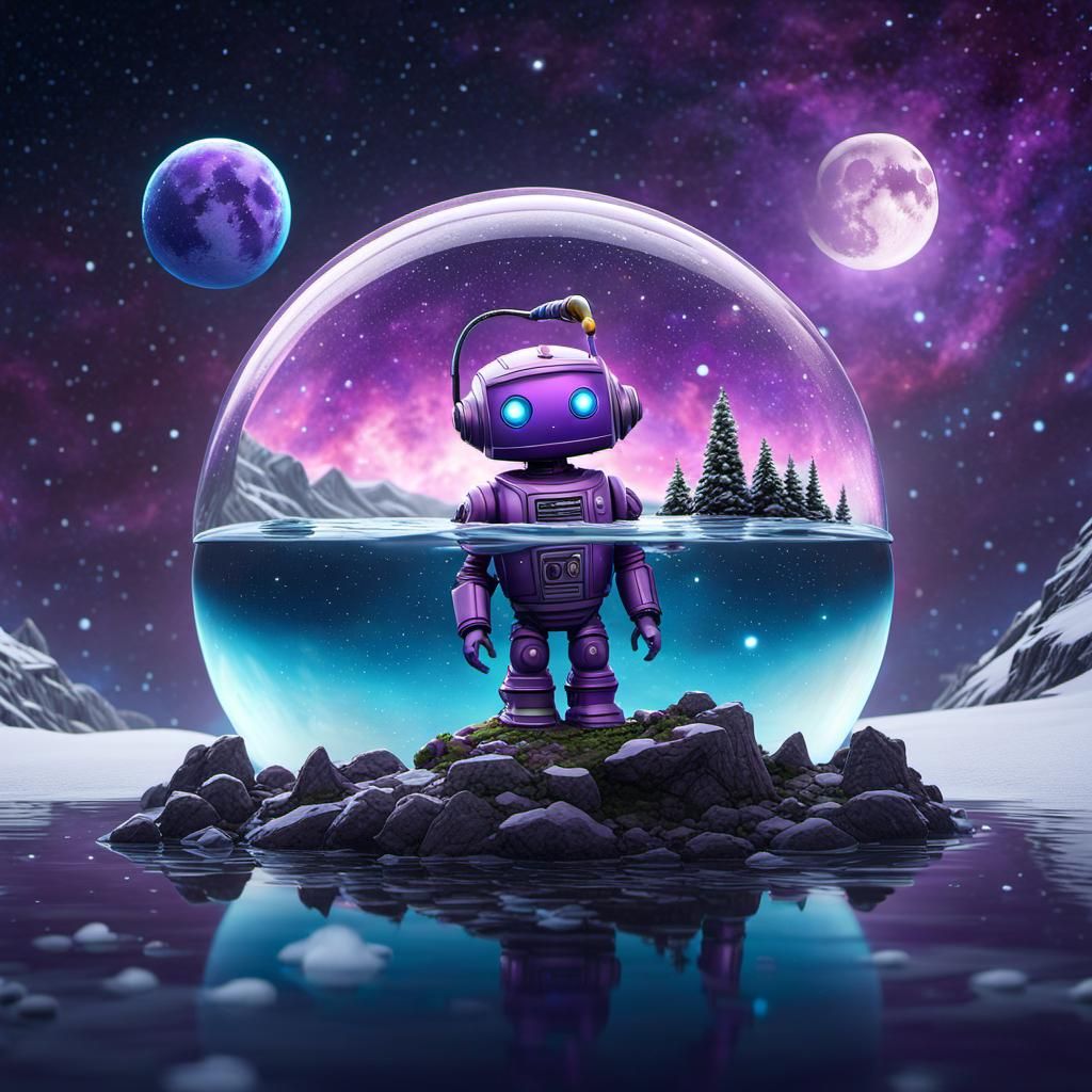 Cute Chibi Robot Swims in Alien Landscape