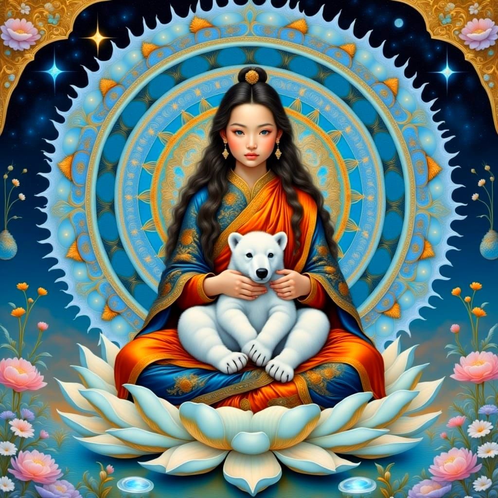 Tibetan Dakini in Majestic Traditional Attire with Polar Bea...
