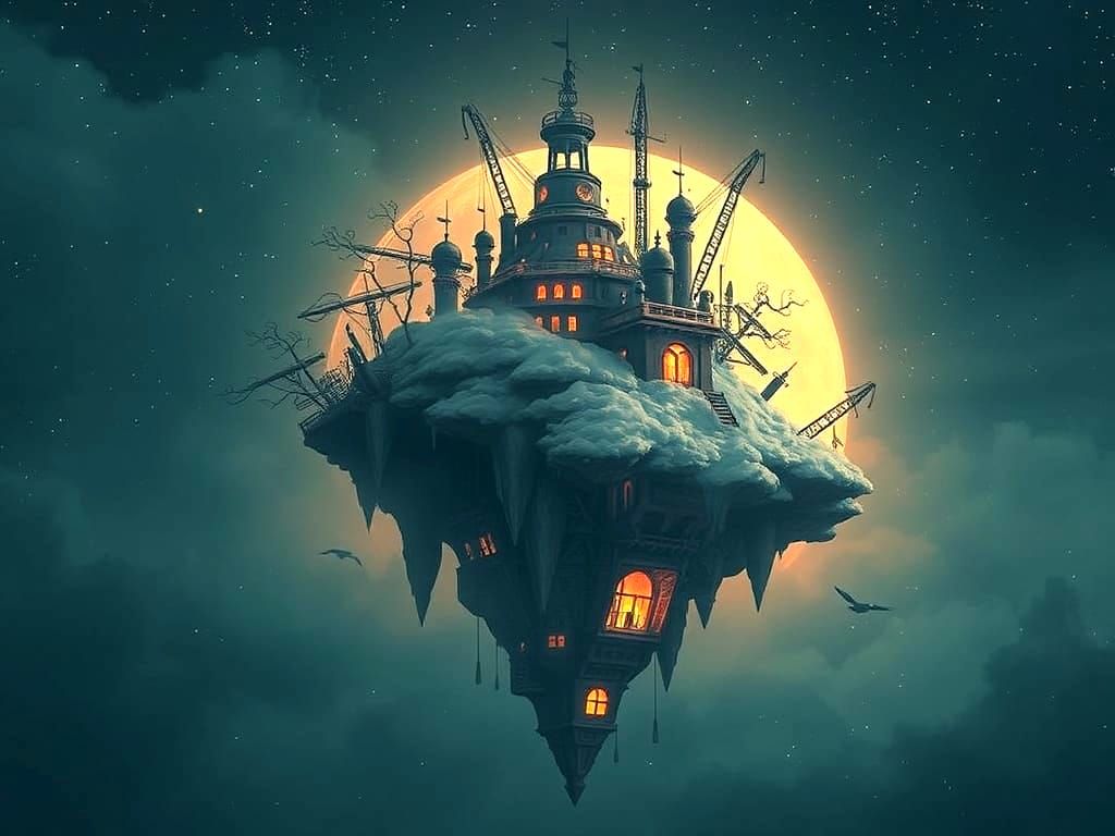 Dieselpunk Island in the Night Sky