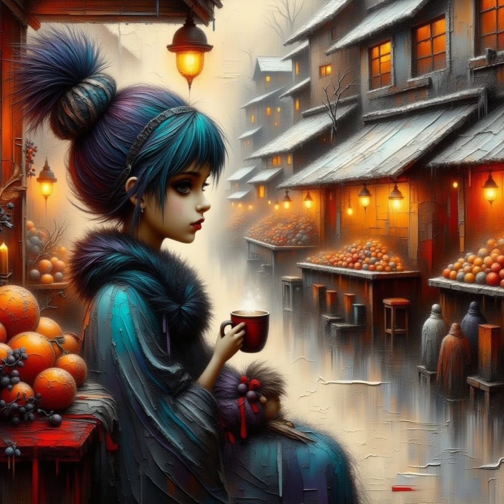 Little Girl with Cocoa at Winter Market Mixed Media Painting