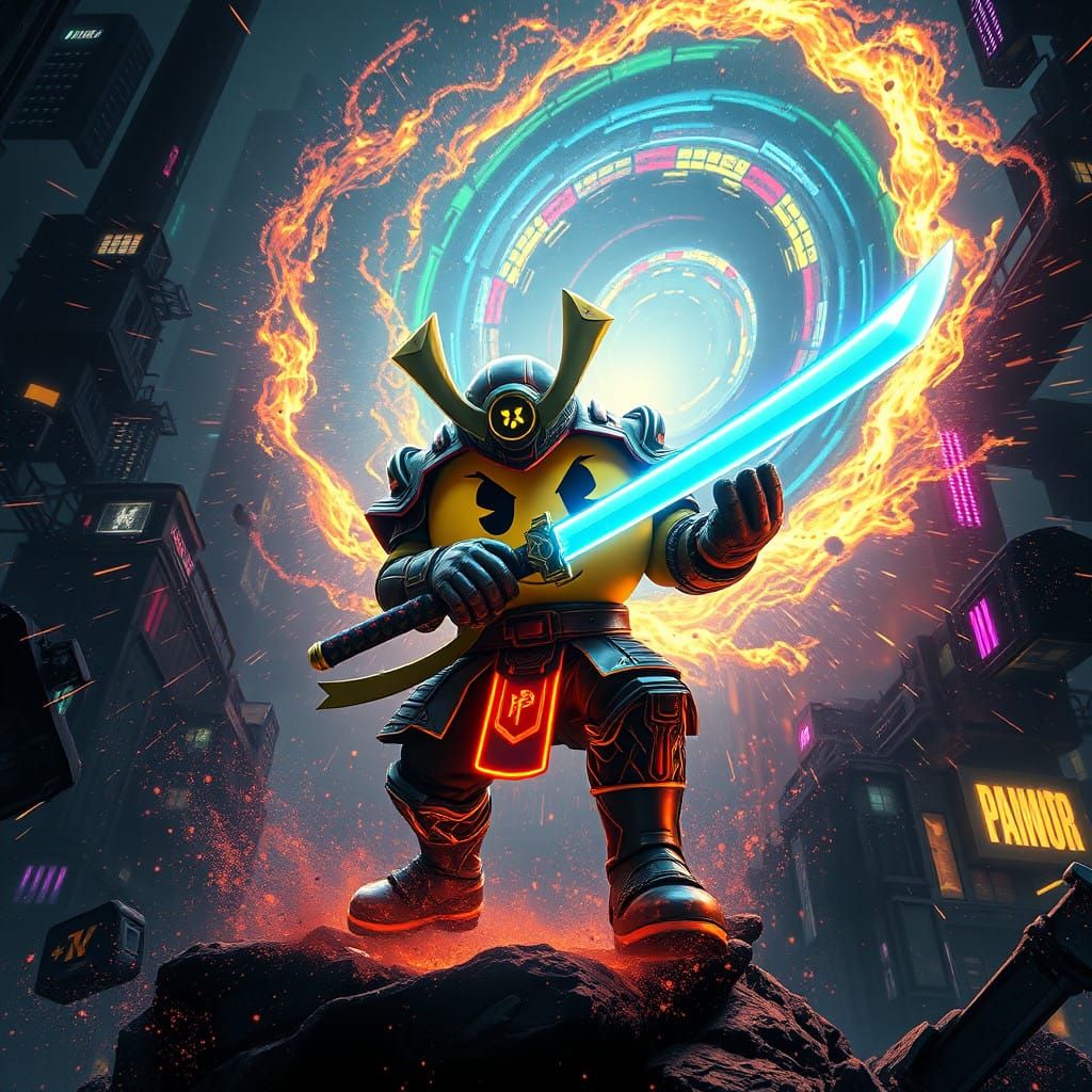 Cyberpunk Samurai Pac-Man Unleashes Neon Fury